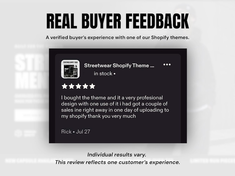 May include: A digital graphic displaying REAL BUYER FEEDBACK with a five-star review for a Streetwear Shopify Theme. The text reads: I bought the theme and it a very profesional design with one use of it i had got a couple of sales ine right away in one day of uploading to my shopify thank you very much. Signed by Rick on Jul 27.