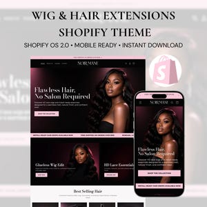 Könnte beinhalten: Eine digitale Vorschau eines Shopify-Themes für Perücken und Haarverlängerungen, mit einer Mobiltelefonansicht und einem Desktop-Layout sowie dem Text "WIG & HAIR EXTENSIONS SHOPIFY THEME", "SHOPIFY OS 2.0", "MOBILE READY" und "INSTANT DOWNLOAD".