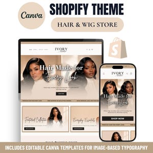 Puede incluir: Una plantilla de tema de Shopify digital para una tienda de pelucas y cabello, con un monitor de escritorio y un teléfono inteligente que muestran el sitio web de Ivory Atelier. El diseño incluye tonos beige y marrón, fotos y texto.