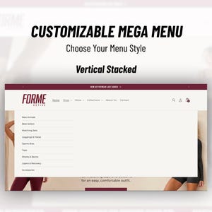May include: A website interface design featuring a customizable mega menu with a vertical stacked layout. The header displays the brand name FORME ACTIVE, navigation links, and a search icon. The menu lists categories including New Arrivals, Best Sellers, Matching Sets, Leggings & Flares, Sports Bras, Tops, Shorts & Skirts, Layers & Recovery, and Accessories.
