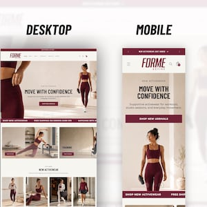 May include: A website layout display showing desktop and mobile versions of an activewear brand named FORME ACTIVE. The pages feature maroon athletic sets, including sports bras and leggings, with text headers like MOVE WITH CONFIDENCE.