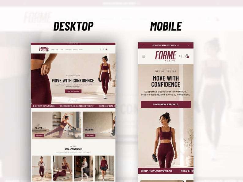 May include: A website layout display showing desktop and mobile versions of an activewear brand named FORME ACTIVE. The pages feature maroon athletic sets, including sports bras and leggings, with text headers like MOVE WITH CONFIDENCE.