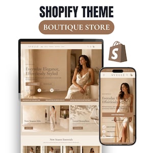 May include: A Shopify theme boutique store website layout displayed on a computer monitor and a smartphone screen. The interface features the brand name AVELLE, the text Everyday Elegance, Effortlessly Styled, and images of a person in a dress.