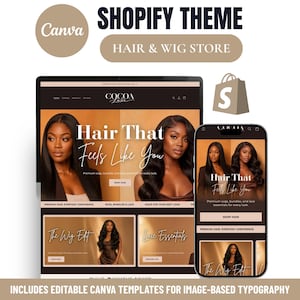 Könnte beinhalten: Eine digitale Darstellung eines Shopify-Themes für einen Haar- und Perückenladen, bestehend aus einer Desktop- und Mobilansicht. Das Design verwendet eine braune Farbpalette mit Bildern von Personen mit langem dunklem Haar und Text wie Cocoa Luxe.