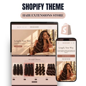 Pode incluir: Um tema Shopify para uma loja de extensões de cabelo exibido num monitor de computador e num smartphone. O site apresenta o texto Strand Society, Length, Your Way e mostra vários pacotes de extensões de cabelo em várias texturas.