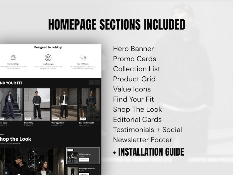 May include: A digital preview of a website homepage layout featuring sections labeled Hero Banner, Promo Cards, Collection List, Product Grid, Value Icons, Find Your Fit, Shop The Look, Editorial Cards, Testimonials, Social, and Newsletter Footer.
