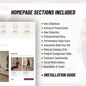 May include: A digital preview of a website template titled HOMEPAGE SECTIONS INCLUDED, featuring a list of layout components like Hero Slideshow, Product Comparison Table, and Newsletter, alongside a visual mockup of a clothing store interface.