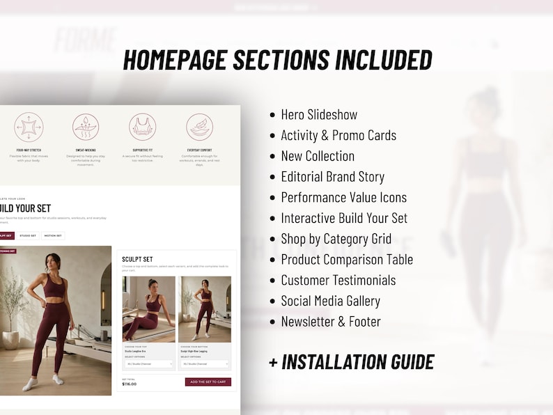 May include: A digital preview of a website template titled HOMEPAGE SECTIONS INCLUDED, featuring a list of layout components like Hero Slideshow, Product Comparison Table, and Newsletter, alongside a visual mockup of a clothing store interface.