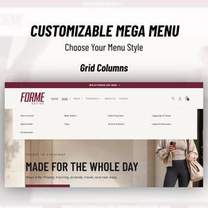 May include: A website interface mockup titled CUSTOMIZABLE MEGA MENU, Choose Your Menu Style, Grid Columns. The navigation bar displays FORME ACTIVE, Home, Shop, Move, Collections, About Us, Contact, and a mega menu with categories like New Arrivals.