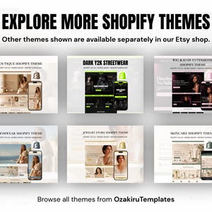 May include: A digital display featuring six distinct Shopify website themes titled Boutique, Dark Y2K Streetwear, Wig & Hair Extensions, Swimwear, Jewelry Store, and Skincare. Each theme includes a desktop layout and a mobile phone preview.