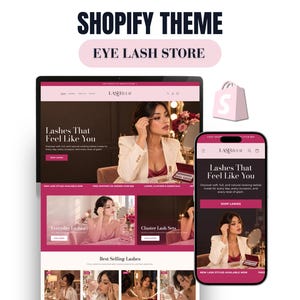 May include: A Shopify theme for an eye lash store displayed on a desktop monitor and a smartphone. The website features the text Lash Eclat, Lashes That Feel Like You, Everyday Lashes, Cluster Lash Sets, and Best Selling Lashes with pink accents.