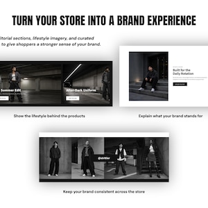 May include: A digital marketing graphic featuring the text TURN YOUR STORE INTO A BRAND EXPERIENCE. It displays various website layout examples with black and white photography of people in urban settings, showcasing editorial sections and lifestyle imagery.