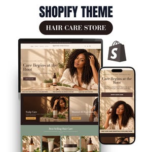 Peut inclure: Un thème Shopify pour une boutique de soins capillaires affiché sur un écran d'ordinateur et un smartphone. Le site web présente le texte Rooted Essentials, Care Begins at the Root, Scalp Care, Moisture & Hydration et Best Selling Hair Care.
