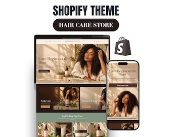May include: A Shopify theme for a hair care store displayed on a desktop monitor and a smartphone screen. The website features the text Rooted Essentials, Care Begins at the Root, Scalp Care, Moisture & Hydration, and Best Selling Hair Care.