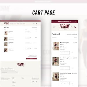 May include: A digital interface display showing a cart page for the brand FORME ACTIVE. The layout includes a desktop view on the left and a mobile view on the right, both listing activewear items with product images, prices, and quantity selectors.