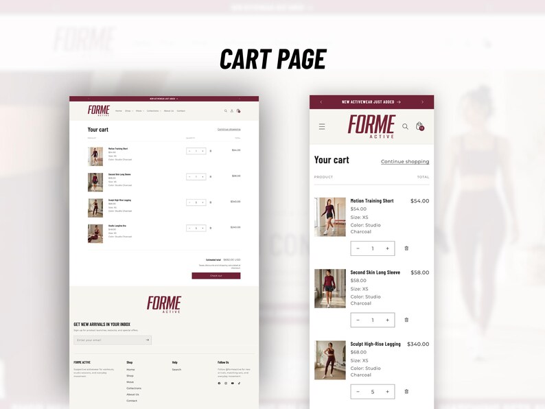May include: A digital interface display showing a cart page for the brand FORME ACTIVE. The layout includes a desktop view on the left and a mobile view on the right, both listing activewear items with product images, prices, and quantity selectors.