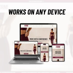 May include: A laptop, a desktop monitor, a smartphone, and a tablet displaying the FORME activewear website. The screens show the text MOVE WITH CONFIDENCE and the heading WORKS ON ANY DEVICE at the top, featuring images of athletic apparel.