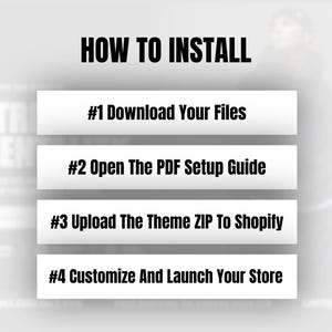 May include: A white instructional graphic with the bold black heading HOW TO INSTALL followed by four numbered steps: #1 Download Your Files, #2 Open The PDF Setup Guide, #3 Upload The Theme ZIP To Shopify, and #4 Customize And Launch Your Store.