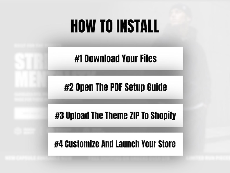 May include: A white instructional graphic with the bold black heading HOW TO INSTALL followed by four numbered steps: #1 Download Your Files, #2 Open The PDF Setup Guide, #3 Upload The Theme ZIP To Shopify, and #4 Customize And Launch Your Store.