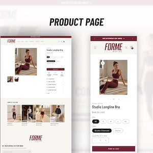 May include: A digital product page layout for Forme Active featuring a Studio Longline Bra. The interface displays product images, size selection options, color choices, and an add to cart button on both desktop and mobile view mockups.