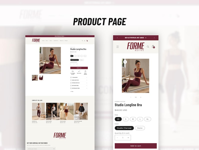 May include: A digital product page layout for Forme Active featuring a Studio Longline Bra. The interface displays product images, size selection options, color choices, and an add to cart button on both desktop and mobile view mockups.