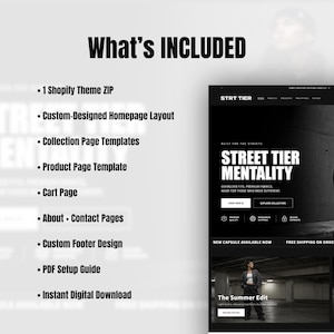 May include: A digital product listing for a Shopify theme titled STRT TIER. The list includes 1 Shopify Theme ZIP, custom homepage, collection, product, cart, about, and contact page templates, a custom footer design, and a PDF setup guide.