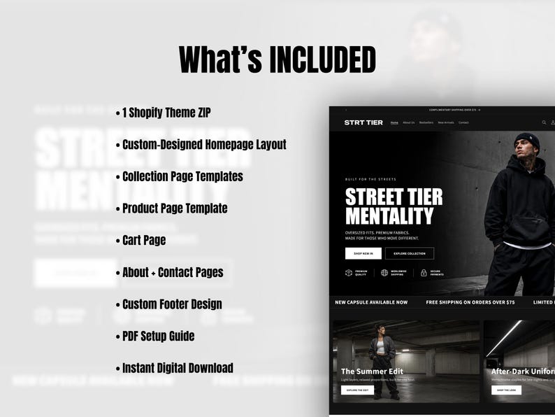 May include: A digital product listing for a Shopify theme titled STRT TIER. The list includes 1 Shopify Theme ZIP, custom homepage, collection, product, cart, about, and contact page templates, a custom footer design, and a PDF setup guide.