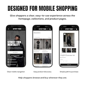 May include: Three smartphone screens displaying a mobile e-commerce website titled STRT TIER. The screens show a homepage with a hero image, a collection page with a Bestsellers grid, and a product page for a Longline Outerwear Set with an Add to Cart button.