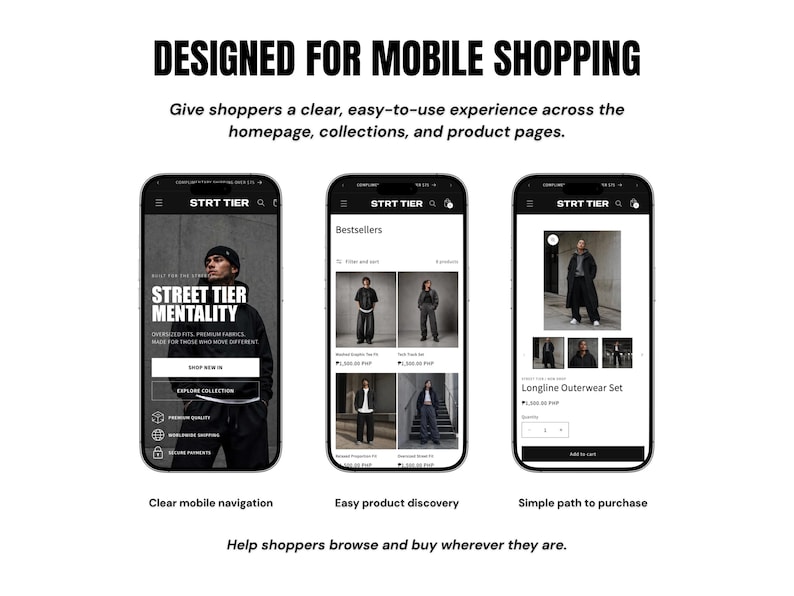 May include: Three smartphone screens displaying a mobile e-commerce website titled STRT TIER. The screens show a homepage with a hero image, a collection page with a Bestsellers grid, and a product page for a Longline Outerwear Set with an Add to Cart button.