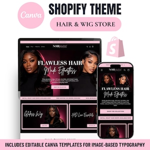 Puede incluir: Una plantilla de tema de Shopify para una tienda de pelucas y cabello, con un diseño de sitio web para escritorio y móvil en colores negro y rosa. El diseño incluye el texto Shopify Theme, Hair & Wig Store y Flawless Hair Made Effortless.