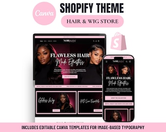 May include: A Shopify theme template for a hair and wig store, featuring a desktop and mobile website layout with a black and pink color scheme. The design includes text reading Shopify Theme, Hair & Wig Store, and Flawless Hair Made Effortless.