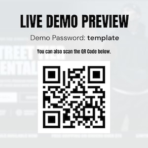 May include: A digital graphic featuring the text LIVE DEMO PREVIEW, Demo Password: template, and You can also scan the QR Code below. A large black and white square QR code is centered on the page, set against a blurred, light gray background.