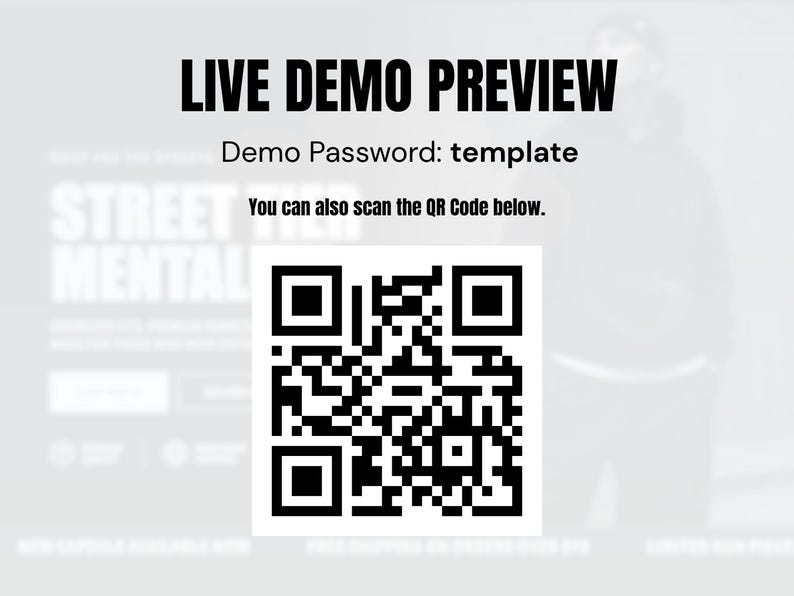 May include: A digital graphic featuring the text LIVE DEMO PREVIEW, Demo Password: template, and You can also scan the QR Code below. A large black and white square QR code is centered on the page, set against a blurred, light gray background.