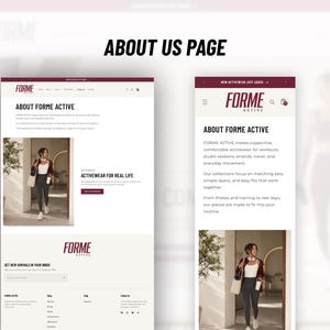 May include: A digital display of the Forme Active website About Us page, shown in both desktop and mobile layouts. The design features a maroon and white color scheme, with text headers reading About Forme Active and Activewear for Real Life.