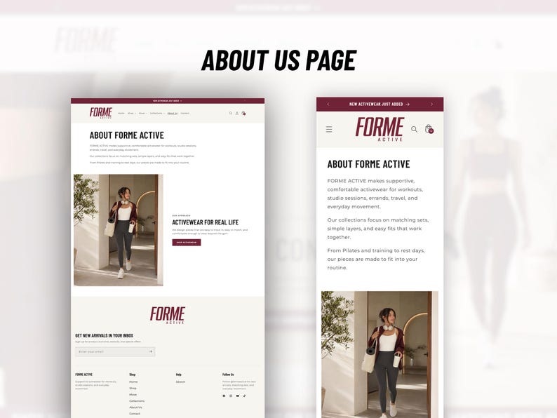 May include: A digital display of the Forme Active website About Us page, shown in both desktop and mobile layouts. The design features a maroon and white color scheme, with text headers reading About Forme Active and Activewear for Real Life.