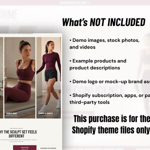 May include: A digital product display showing a Shopify theme layout with three panels of activewear in maroon and black. Text lists items not included, such as demo images, example products, and brand assets, stating this is for theme files only.