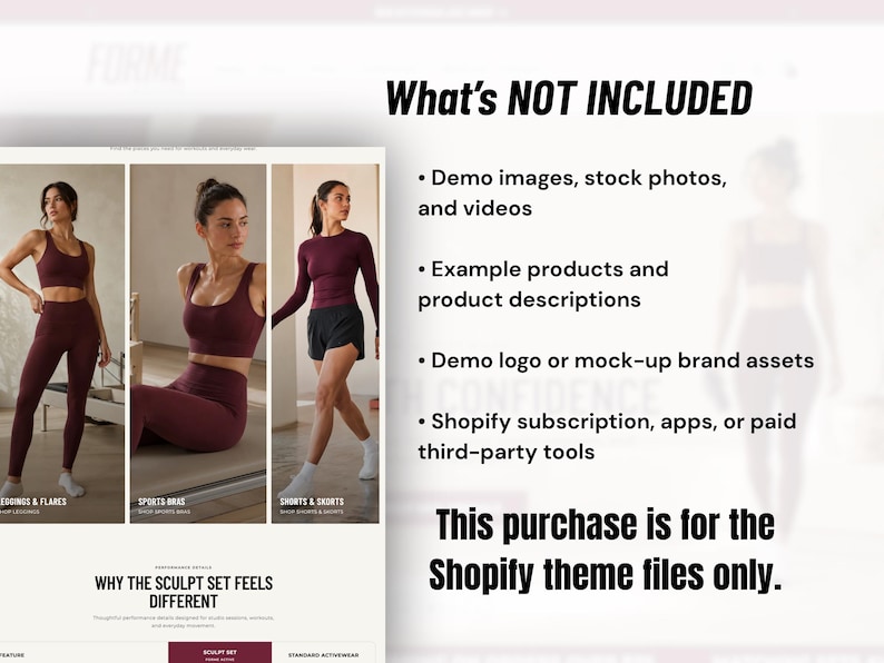 May include: A digital product display showing a Shopify theme layout with three panels of activewear in maroon and black. Text lists items not included, such as demo images, example products, and brand assets, stating this is for theme files only.