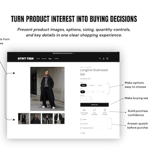 May include: A digital interface mockup for an e-commerce product page titled Longline Outerwear Set. The layout features a large product image, smaller thumbnail views, color and size selection menus, a quantity controller, and an Add to cart button.