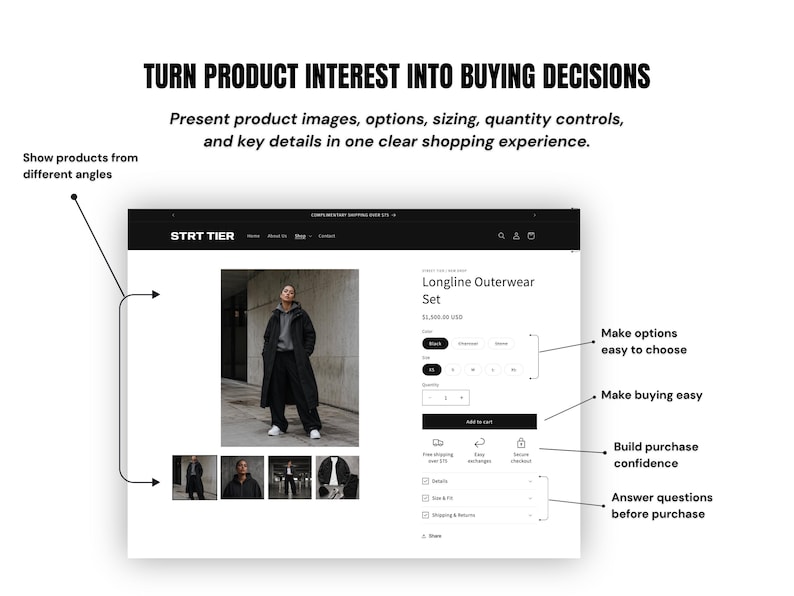 May include: A digital interface mockup for an e-commerce product page titled Longline Outerwear Set. The layout features a large product image, smaller thumbnail views, color and size selection menus, a quantity controller, and an Add to cart button.