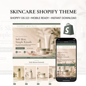 May include: A digital preview of a skincare Shopify theme featuring a website layout with the text "Soft Skin, Simple Rituals" and "Velvet Ritual." The design includes product photography of skincare bottles and jars on a mobile and desktop screen.