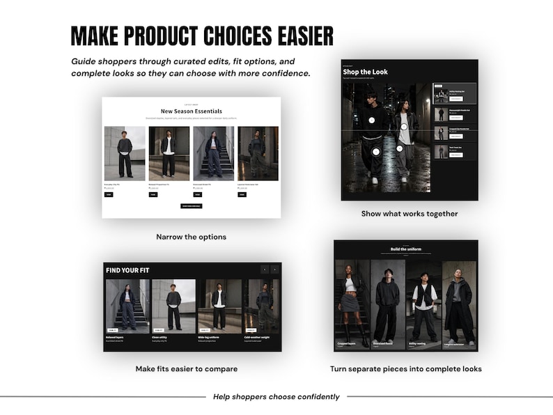 May include: A digital infographic titled MAKE PRODUCT CHOICES EASIER featuring four website interface examples. The layout displays sections for New Season Essentials, Shop the Look, Find Your Fit, and Build the Uniform, showcasing clothing items and navigation buttons.