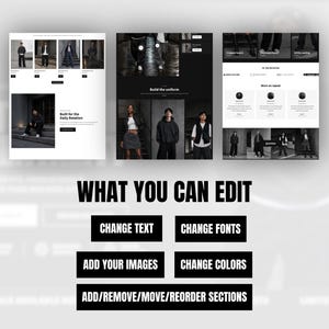 May include: A digital website template display featuring three distinct page layouts with black and white photography. The text WHAT YOU CAN EDIT is centered above six black rectangular buttons labeled CHANGE TEXT, CHANGE FONTS, ADD YOUR IMAGES, CHANGE COLORS, and ADD/REMOVE/MOVE/REORDER SECTIONS.