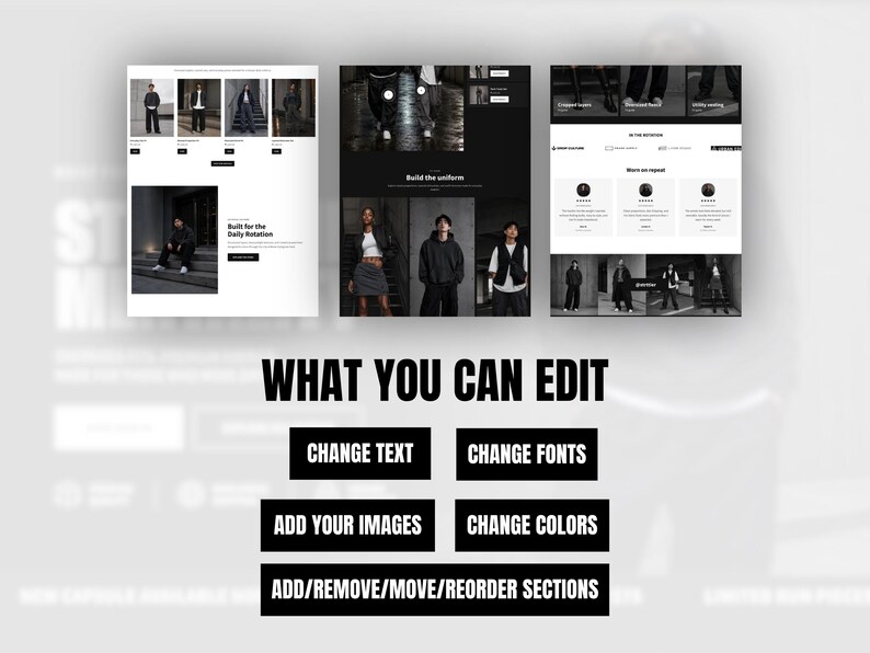 May include: A digital website template display featuring three distinct page layouts with black and white photography. The text WHAT YOU CAN EDIT is centered above six black rectangular buttons labeled CHANGE TEXT, CHANGE FONTS, ADD YOUR IMAGES, CHANGE COLORS, and ADD/REMOVE/MOVE/REORDER SECTIONS.