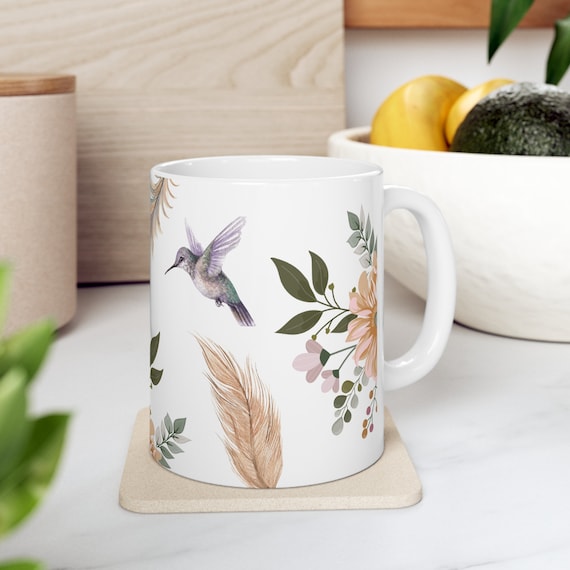 Ceramic Floral Hummingbird Mug Feather Mug Gift for Her Coffee Lover Gift 11  Oz Mug for Home Gift for Tea Lover Flower Mug Bird Mug for Her - Etsy