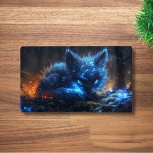 Alfombrilla de juego Mystic Fox Haven MTG para TCG, OCG, Dnd Deskmat, linda alfombrilla de ratón de anime de fantasía azul, tapete de juego de neopreno negro, 60 x 35 cm, 14 x 24"