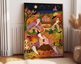 Speelse Halloween spookdorp print in volkskunststijl, herfst cottage wanddecoratie