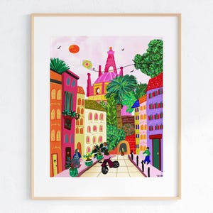Mexico travel art print | Colorful Mexican street scene | Mexico city wall decor | Mexico culture illustration | Living room decor