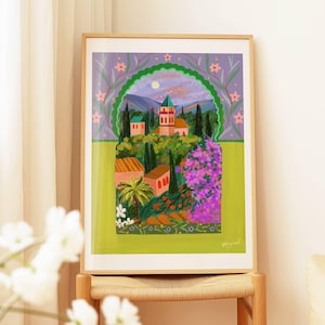 Vibrant Alhambra Palace Art Print, Granada Spain Travel Poster, Colorful Wall Decor