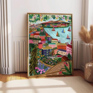 Colourful cityscape wall art of Naples, Italy | Colourful whimsical travel art print, Italy maximalist travel art, spring travel wall art
