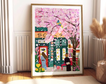 Cherry Blossom Bookshop Print: Whimsical Floral Wall Art